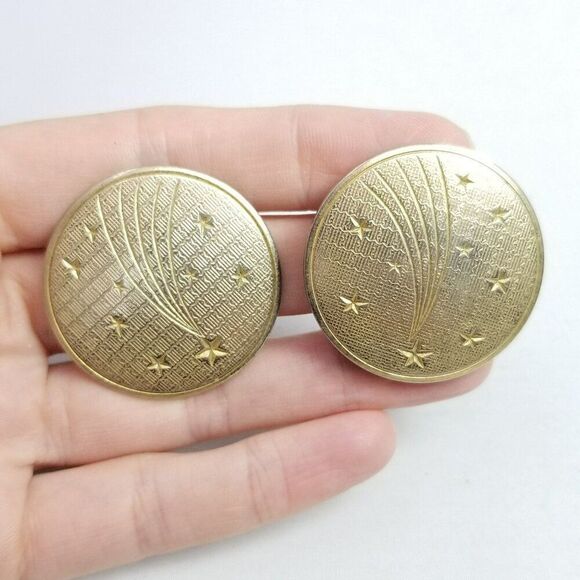 Vintage Shooting Star Design Round Clip On Earrings, Gold Tone Retro Estate - Picture 1 of 7